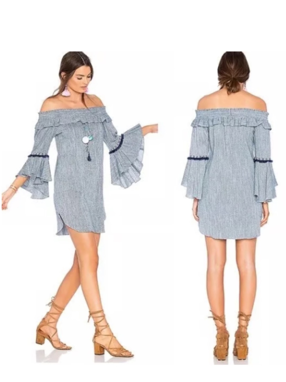 MISA Los Angeles Vanessa Dress Off-the-Shoulder Blue Stripe Bell Sleeve Size XS